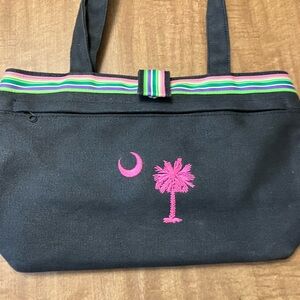 Black Tote Bag with Pink Embroidery